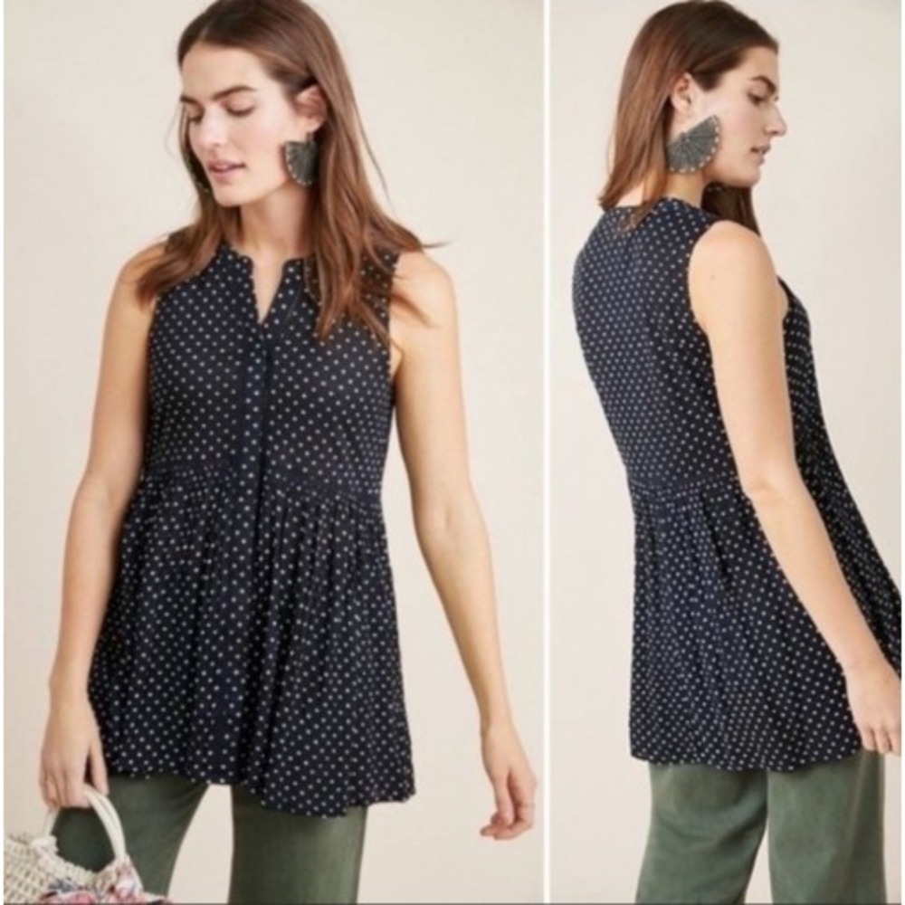 ANTHROPOLOGIE Nia Polka Dot Lace Trim Tunic Top Sleeveless Button Front Navy XS